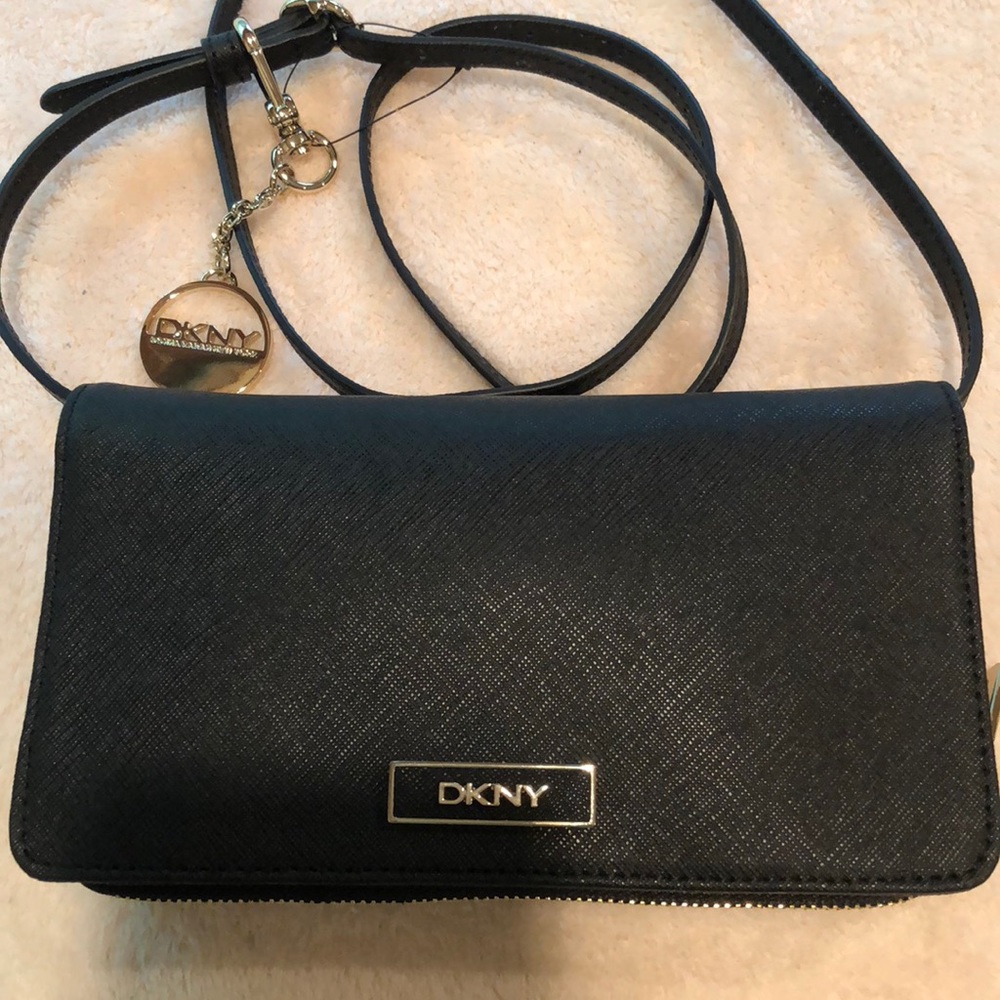 DKNY Black Saffiano Leather Crossbody/Clutch w/ Removabale Strap